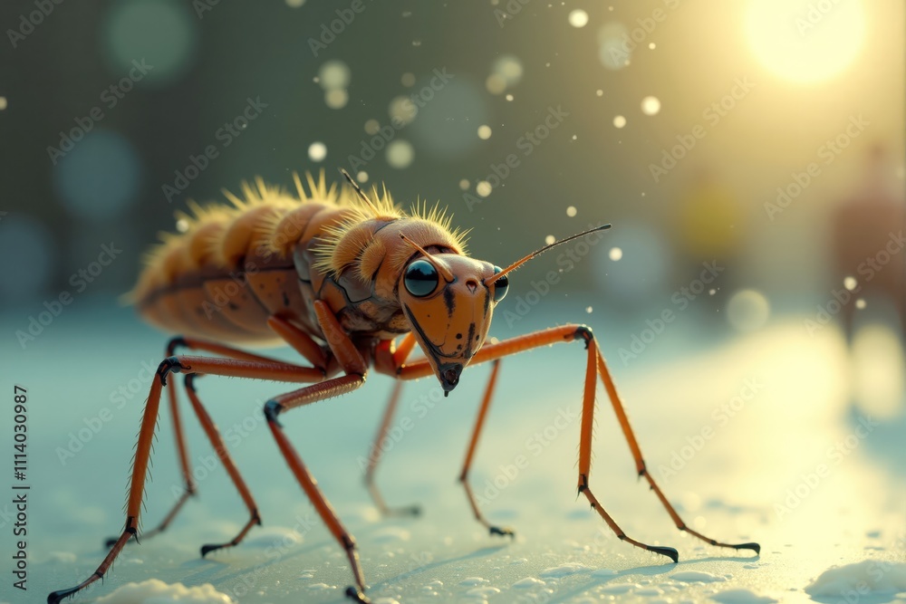 Orange insect walking on wet surface with falling particles at sunset Orange insect walking on wet surface with falling particles at sunset