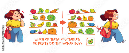 Find the differences puzzle game. Which of these vegetables or fruits did the woman buy at the grocery store? Find hidden objects in the picture. Puzzle Hidden Items. Educational game for children