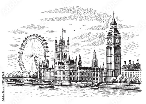 landscape of London city engraving vector illustration