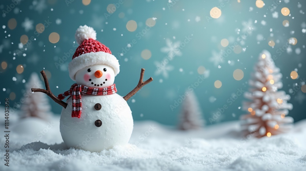 Happy Snowman Amidst Fresh Snowfall in a Winter. Happy Snowman Amidst Fresh Snowfall in a Winter.