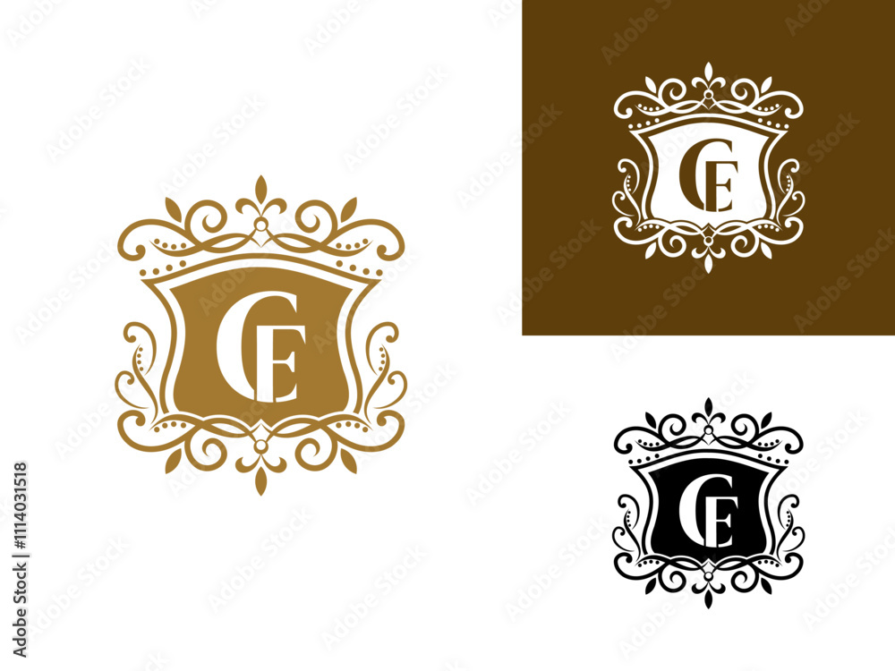 Beautiful luxury letter CE in shield and Abstract Plant. Initial Identity Letter in Gold color Logo vector template Beautiful luxury letter CE in shield and Abstract Plant. Initial Identity Letter in Gold color Logo vector template