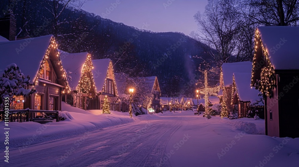 Serene Winter Village with Snow and Holiday Lights at Twilight Serene Winter Village with Snow and Holiday Lights at Twilight