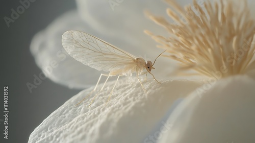 Delicate White Insect on a Blossom Petal photo