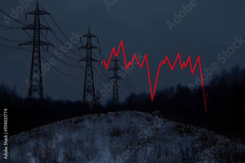 Dramatic image of electricity pylons at dusk with superimposed red graph illustrating energy crisis or market volatility.