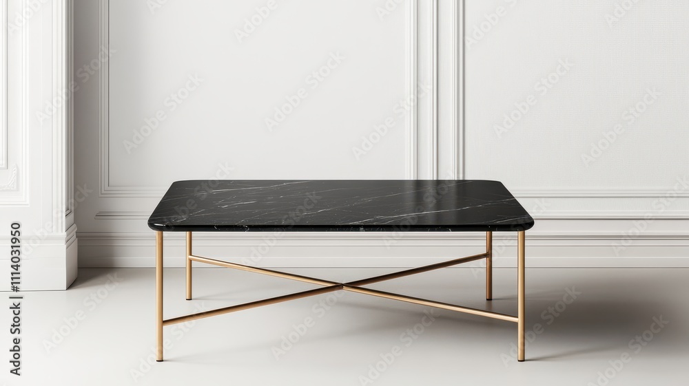 A sleek black marble coffee table with gold legs, set against a minimalist wall, showcasing modern elegance and sophisticated design. A sleek black marble coffee table with gold legs, set against a minimalist wall, showcasing modern elegance and sophisticated design.