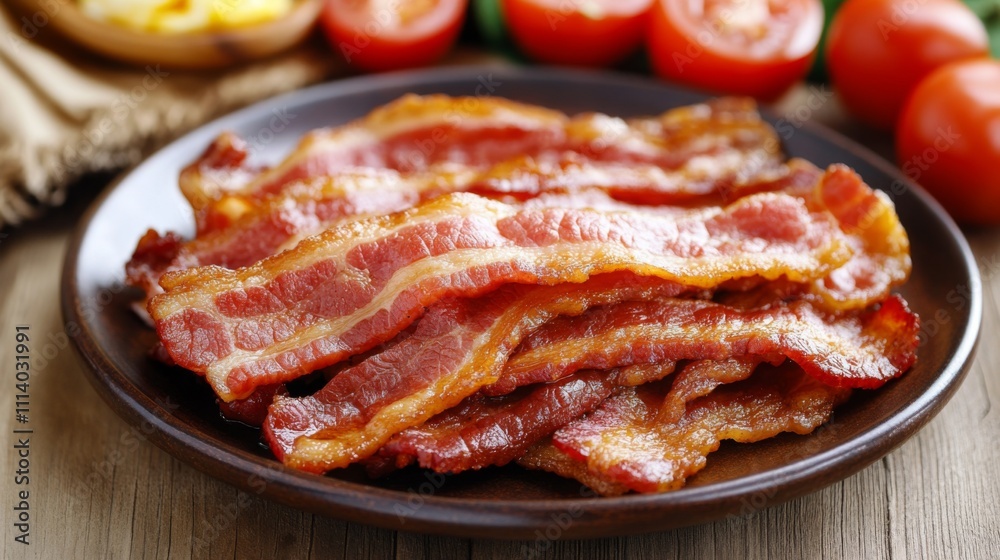 Crispy Bacon Strips on a Plate with Fresh Tomatoes and Background Crispy Bacon Strips on a Plate with Fresh Tomatoes and Background
