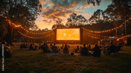 Outdoor movie screening at sunset with audience seated on the grass in a serene forest setting. Generative AI