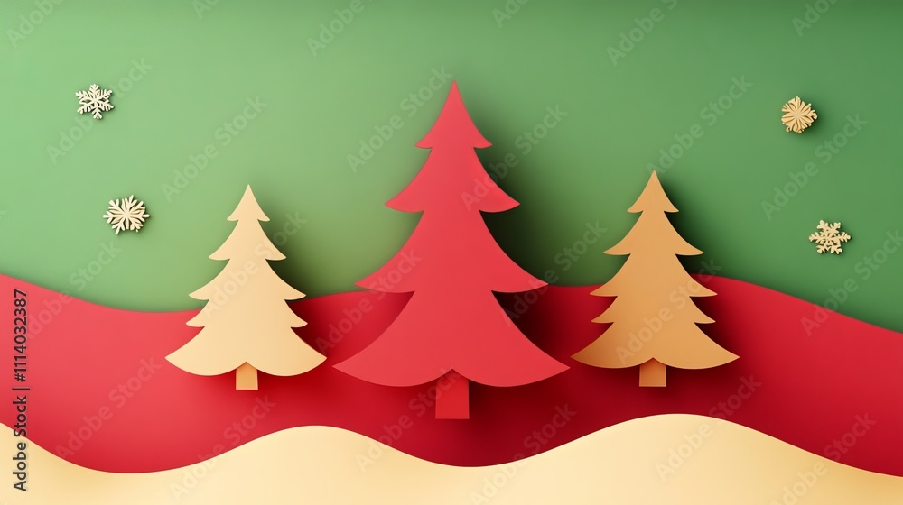 Set of merry Christmas tree on red, green, and white paper cut background. Elements of New Year's Day festival for card, cover. Top view scene for product display