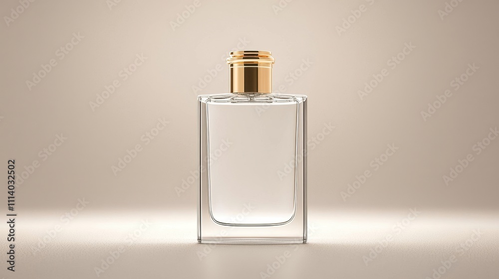 Minimalistic Clear Glass Bottle with Gold Cap on a Soft Background, Elegant and Modern Design Ideal for Perfume, Cosmetic, or Essential Oil Products Display Minimalistic Clear Glass Bottle with Gold Cap on a Soft Background, Elegant and Modern Design Ideal for Perfume, Cosmetic, or Essential Oil Products Display