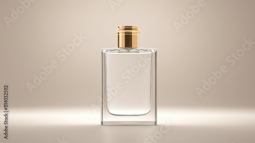 Minimalistic Clear Glass Bottle with Gold Cap on a Soft Background, Elegant and Modern Design Ideal for Perfume, Cosmetic, or Essential Oil Products Display