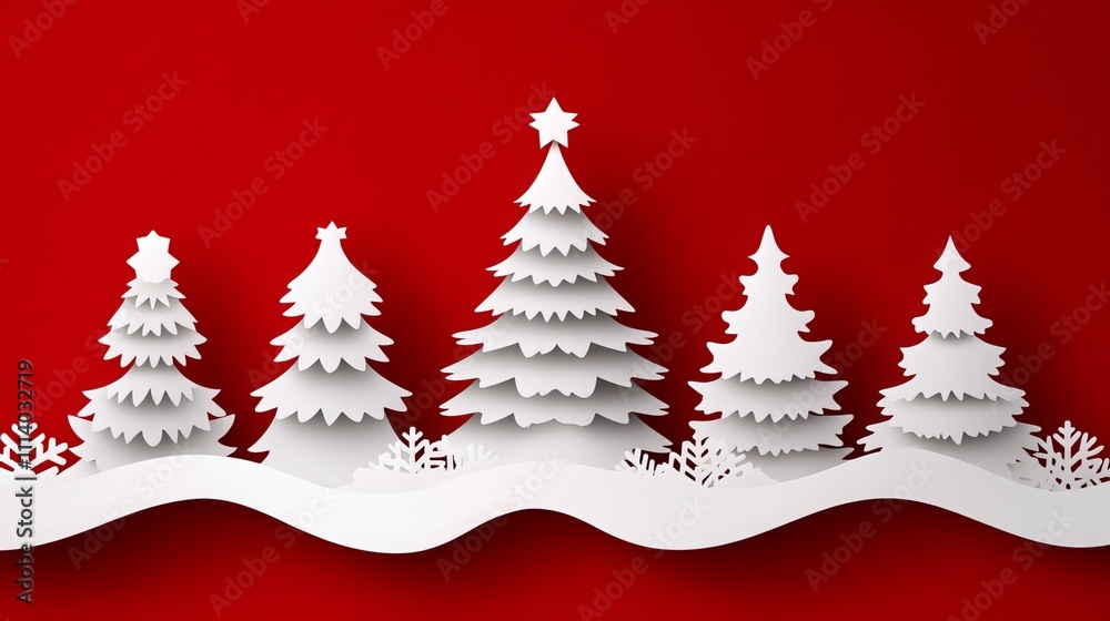 Fototapeta premium Set of merry Christmas tree on red, green, and white paper cut background. Elements of New Year's Day festival for card, cover. Top view scene for product display