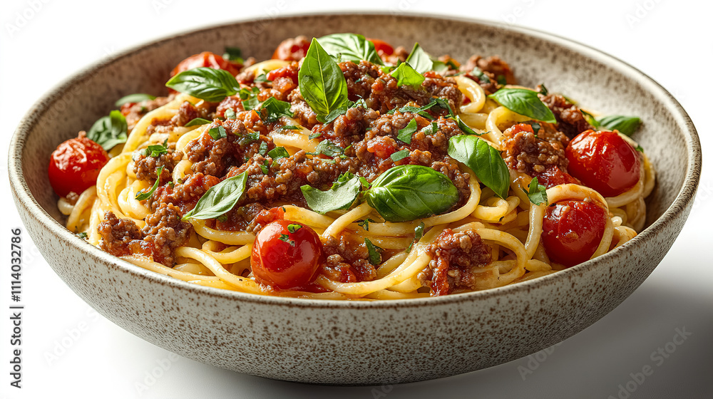 Spaghetti with meat sauce and fresh basil served in a rustic bowl with cherry tomatoes. Generative AI Spaghetti with meat sauce and fresh basil served in a rustic bowl with cherry tomatoes. Generative AI