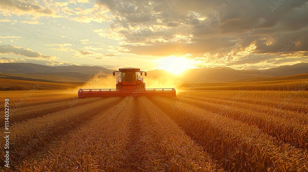 Fototapeta premium Farmers harvesting crops at sunset in a golden field creating a beautiful rural landscape