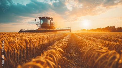Farmers gather crops in golden fields during sunset in a picturesque rural landscape