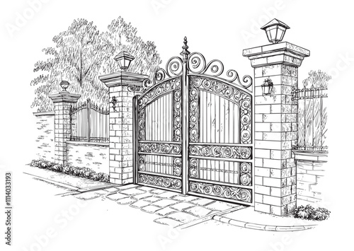 forged gates engraving vector illustration