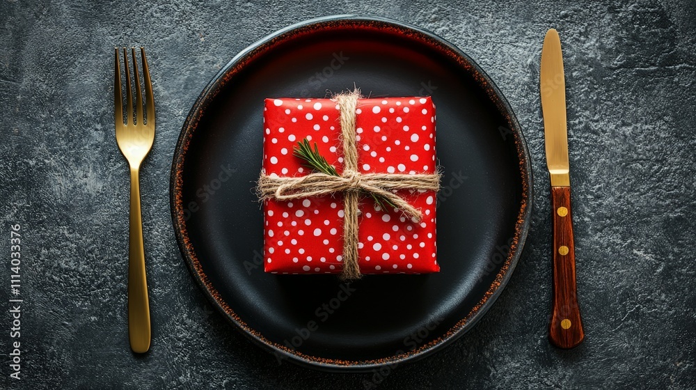 Wrapped Gift Box on a Black Plate with Fork and Knife Wrapped Gift Box on a Black Plate with Fork and Knife