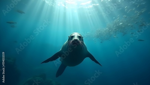 A sea lion swimming underwater with sunlight streaming through the water photo