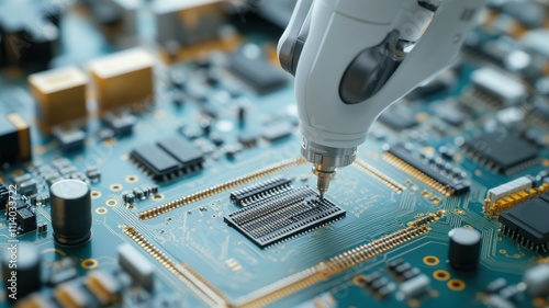 A close-up of a robotic arm assembling components on a circuit board, showcasing precision in electronic manufacturing. photo