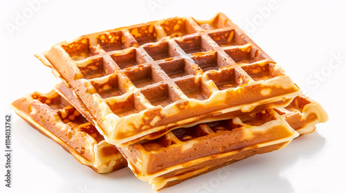 Waffles: Golden-brown waffles with a crisp texture, possibly served with toppings like syrup and fruit on a white background. photo