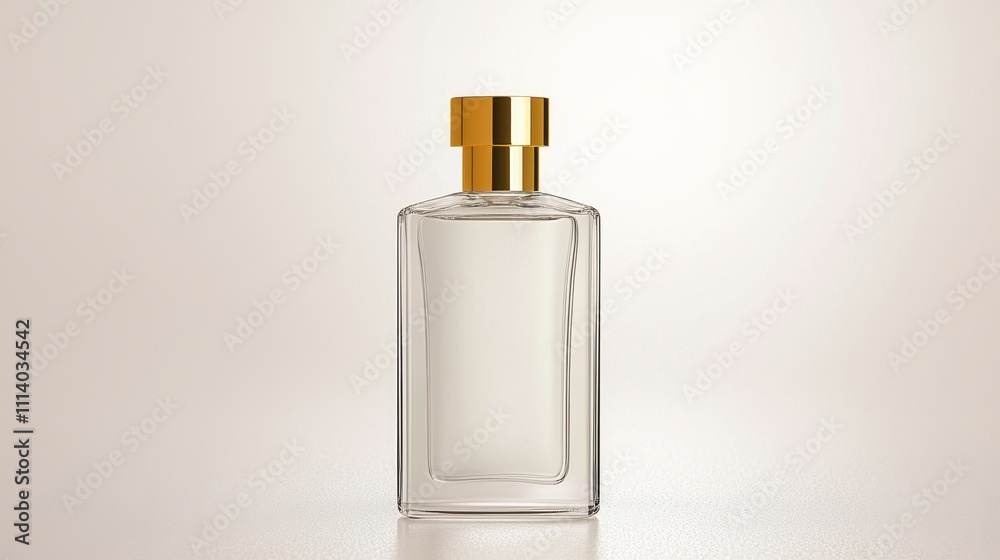 Transparent glass perfume bottle with a golden cap on a soft gradient background, showcasing luxury and elegance for fragrance branding and design concepts Transparent glass perfume bottle with a golden cap on a soft gradient background, showcasing luxury and elegance for fragrance branding and design concepts