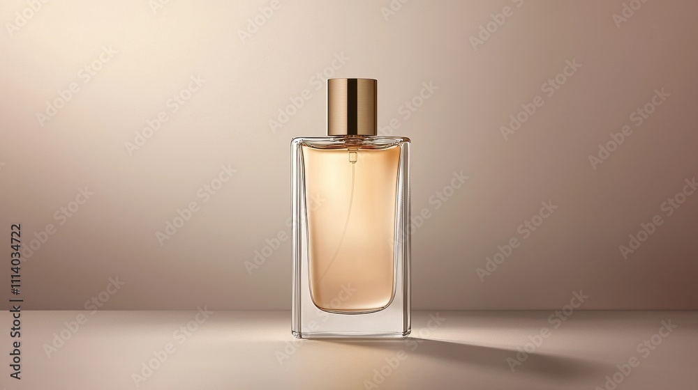 Elegant Glass Perfume Bottle with Gold Cap on Minimalist Background, Showcasing Delicate Fragrance Essence for Beauty and Luxury Representation in Product Photography Elegant Glass Perfume Bottle with Gold Cap on Minimalist Background, Showcasing Delicate Fragrance Essence for Beauty and Luxury Representation in Product Photography