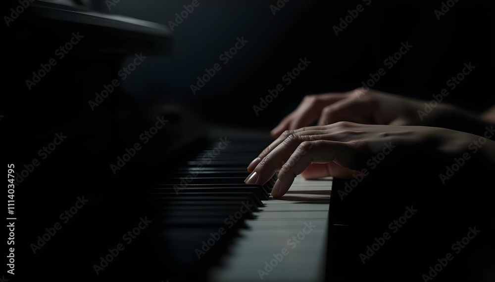 Fototapeta premium Hands playing piano keys in a dark, moody setting