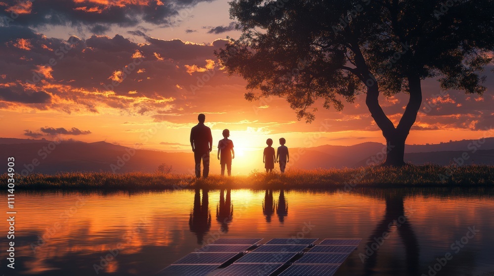 Fototapeta premium Silhouetted family by lake at sunset, solar panels below. Illustrates clean energy & family values, perfect for environmental campaigns.