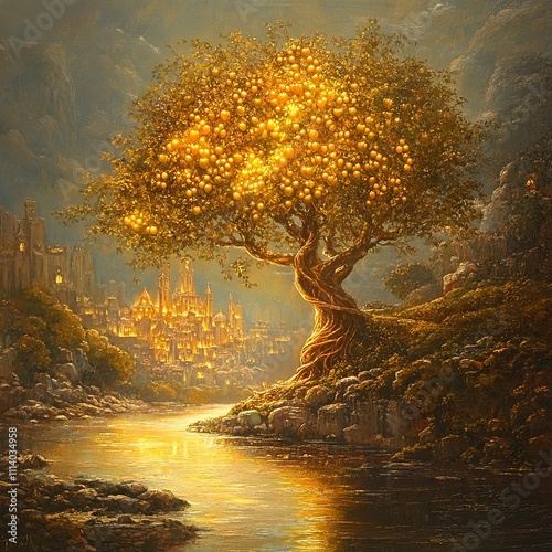 A visually striking biblical scene from the Book of Revelation, featuring symbolic elements of prophecy and divine imagery, set in a heavenly landscape.