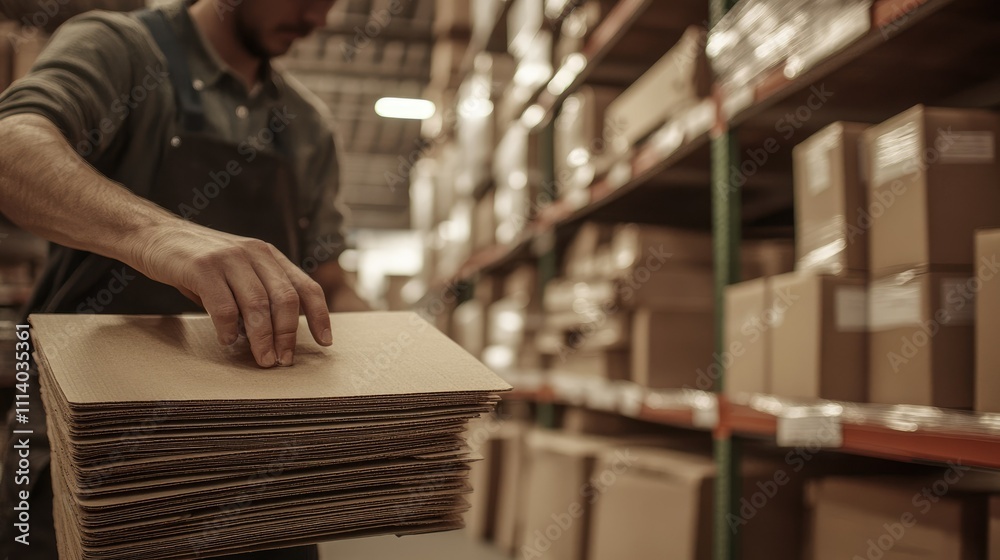 Obraz premium Worker Stacking Cardboard in Warehouse Environment