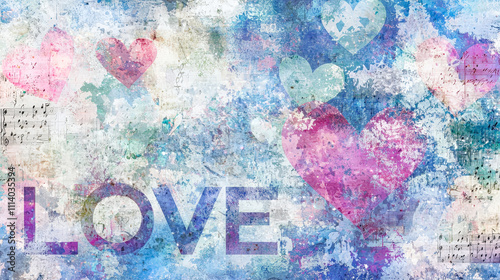 Wallpaper Mural Colorful hearts in soft pastel hues blend into an abstract design, with the word love prominently displayed alongside musical notes,  Perfect for background use in videos and projects Torontodigital.ca