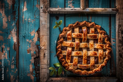 Artistic display of a homemade pie cooling on a rustic windowsill with flaky crust and golden hues photo