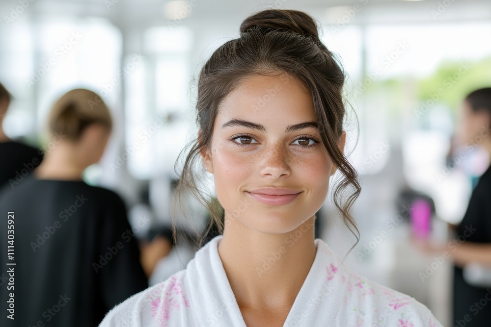 A captivating portrait of a young woman in a soft robe captures the essence of tranquility and charm, enhanced by the gentle light illuminating her features. A captivating portrait of a young woman in a soft robe captures the essence of tranquility and charm, enhanced by the gentle light illuminating her features.