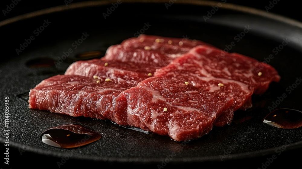 Close-Up of Fresh Wagyu Beef on a Black Plate Close-Up of Fresh Wagyu Beef on a Black Plate