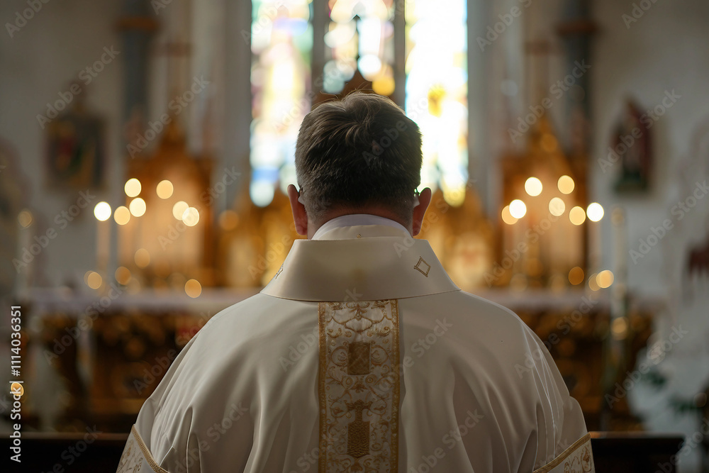 Fototapeta premium Generative AI Portrait of Pastor in Church Setting with Radiant Light and Religious Reverence