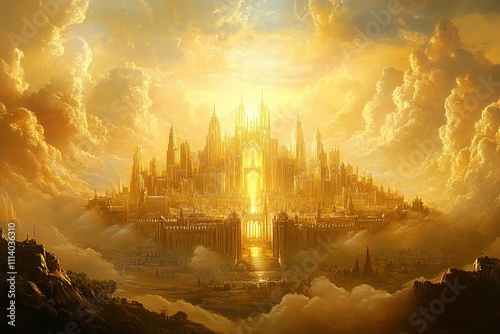 A visually striking biblical scene from the Book of Revelation, featuring symbolic elements of prophecy and divine imagery, set in a heavenly landscape.