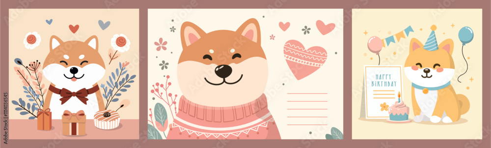 Vector Illustration of Shiba Inu Dogs in Cozy Sweaters - Pastel Palette Vector Illustration of Shiba Inu Dogs in Cozy Sweaters - Pastel Palette