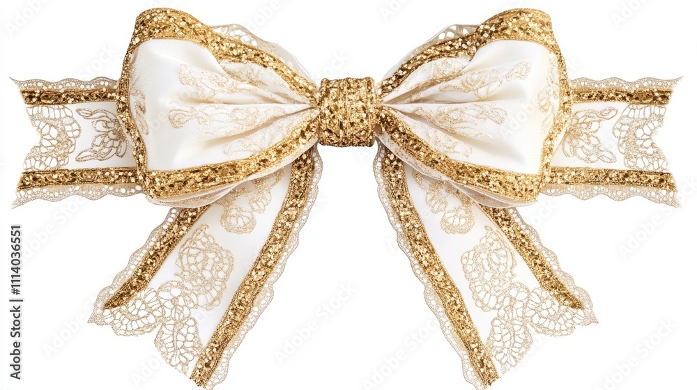 Christmas bow clipart, lace trim detail, ivory and gold, isolated on white background Christmas bow clipart, lace trim detail, ivory and gold, isolated on white background