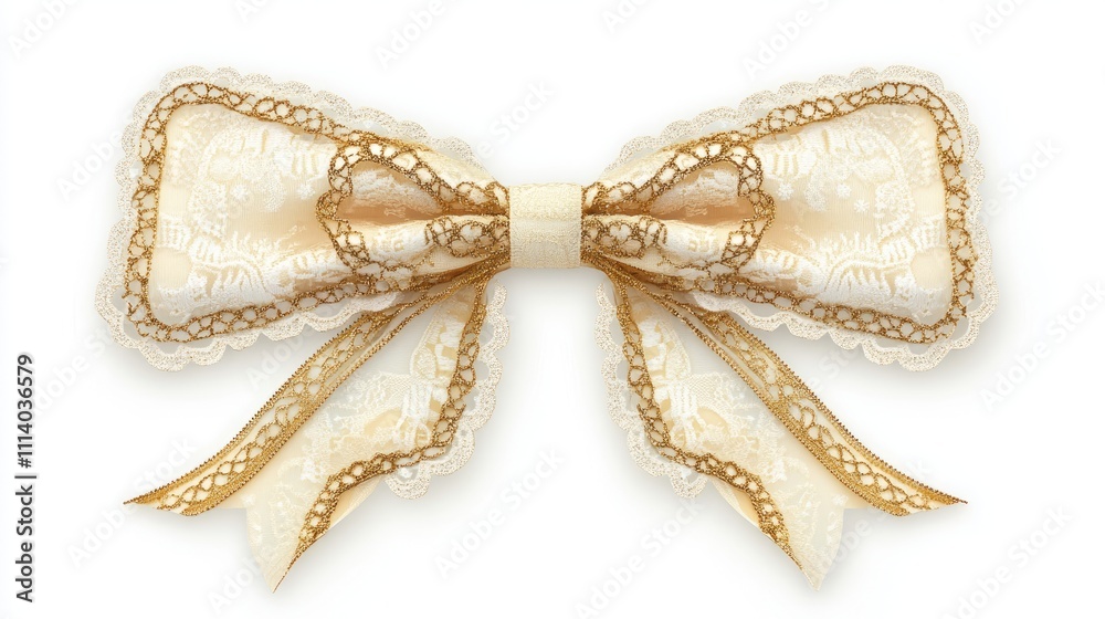 Christmas bow clipart, lace trim detail, ivory and gold, isolated on white background Christmas bow clipart, lace trim detail, ivory and gold, isolated on white background