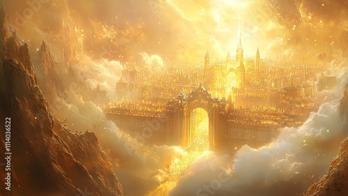 A visually striking biblical scene from the Book of Revelation, featuring symbolic elements of prophecy and divine imagery, set in a heavenly landscape.