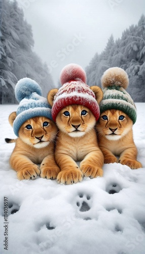 Adorable Lion Cubs in a Snowy Winter Wonderland