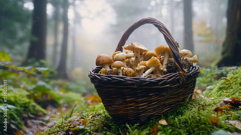 Close-up of a forager's basket filled with wild mushrooms in a misty forest Close-up of a forager's basket filled with wild mushrooms in a misty forest
