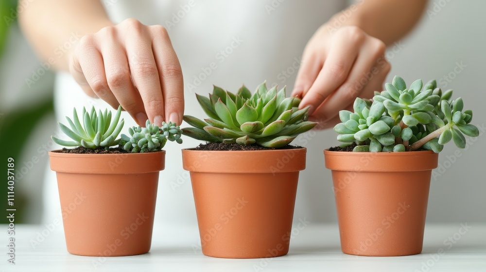 A person arranges succulent plants in terracotta pots, showcasing a hands-on approach to gardening and plant care. A person arranges succulent plants in terracotta pots, showcasing a hands-on approach to gardening and plant care.
