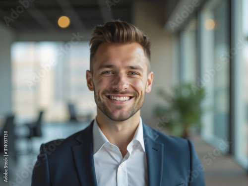 Happy businessman smiling in modern office