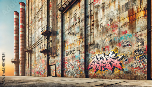 Wallpaper Mural large industrial building adorned with vibrant graffiti and towering smokestacks, illuminated by the warm glow of the setting sun in an urban environment Torontodigital.ca