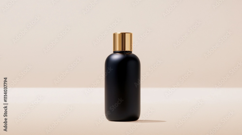 Elegant Black Bottle with Gold Cap on Minimalist Background for High-End Beauty or Skincare Product Presentation and Promotional Display Elegant Black Bottle with Gold Cap on Minimalist Background for High-End Beauty or Skincare Product Presentation and Promotional Display