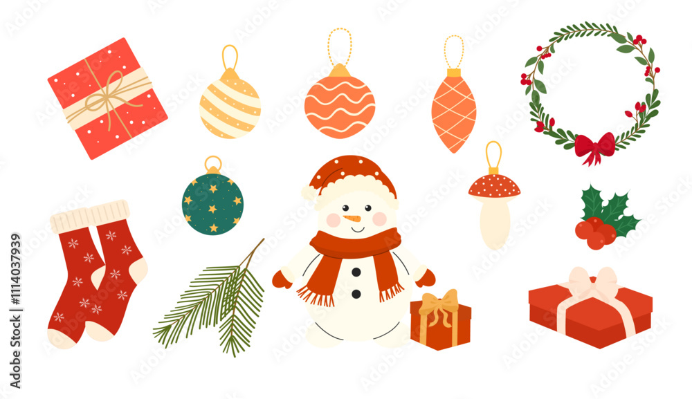 Cozy collection of Christmas and New Year elements. Snowman, gifts, balls, socks, wreath. Set of traditional winter symbols, elements and decorations. Vector, flat illustration. Cozy collection of Christmas and New Year elements. Snowman, gifts, balls, socks, wreath. Set of traditional winter symbols, elements and decorations. Vector, flat illustration.