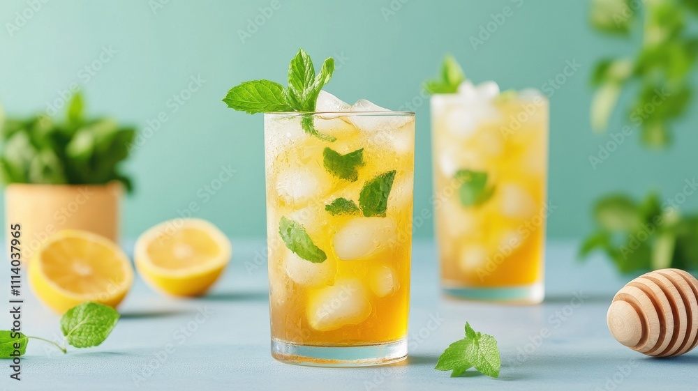 Refreshing iced beverages with mint and lemon, served in clear glasses, perfect for summer enjoyment.