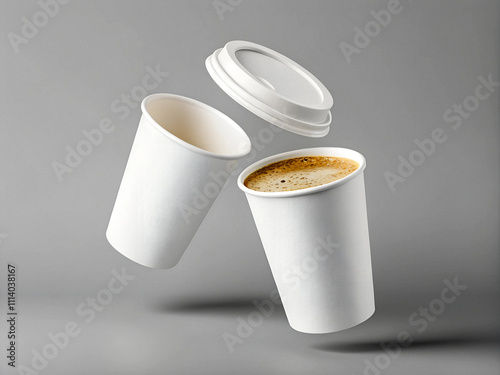 photo 3D render of two white paper coffee cups floating in the air, isolated on a grey background
