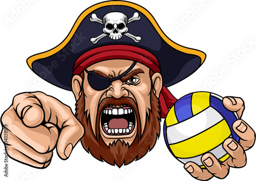 A Pirate man holding Volleyball ball and pointing sports team cartoon charcater mascot illustration.