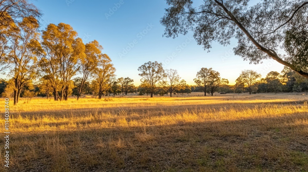 Fototapeta premium Golden Sunset Over Serene Australian Grassland Trees